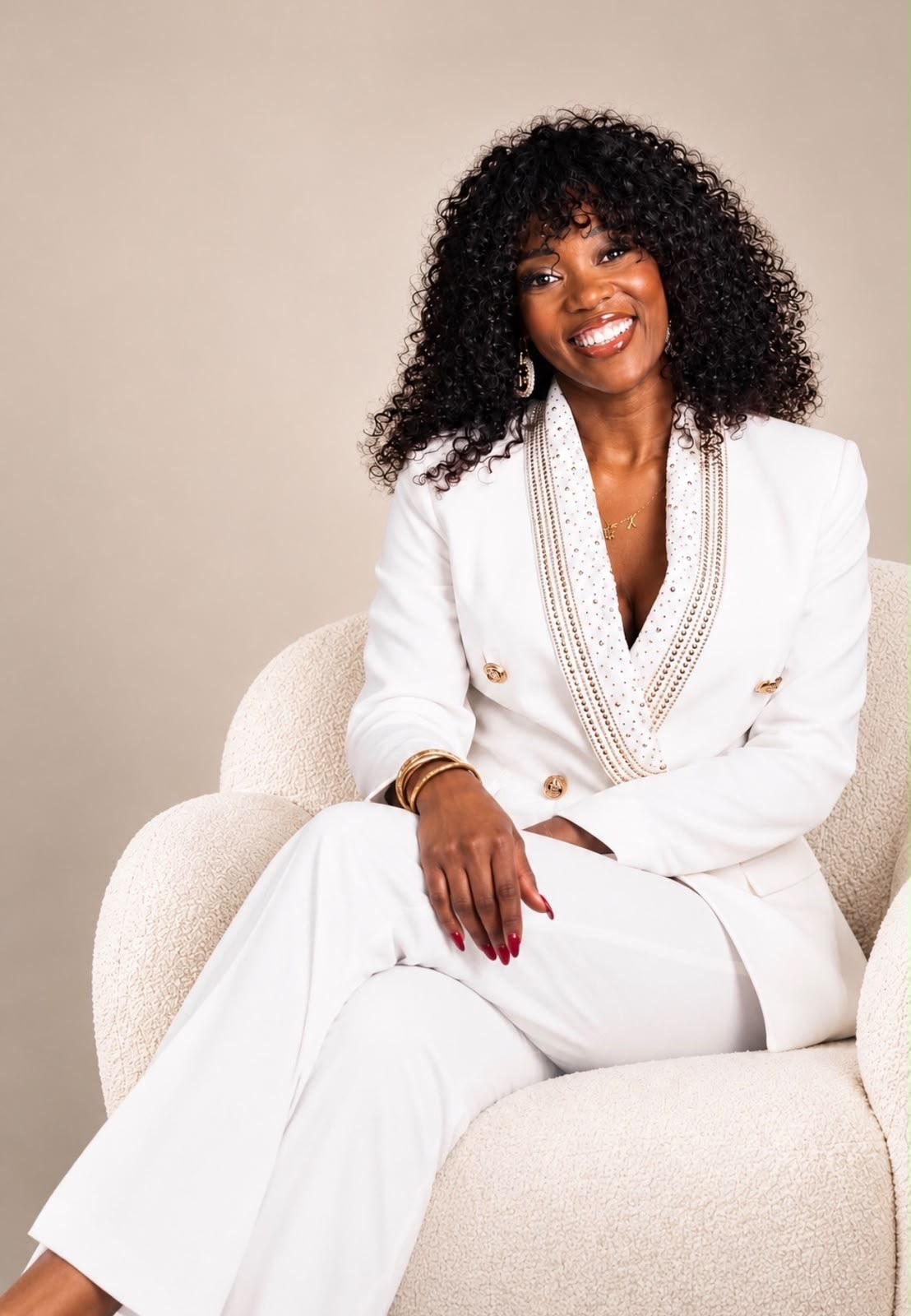 Feza Mushobekwa souriante, en tailleur blanc, assise dans un fauteuil